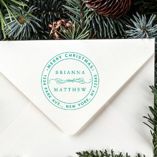 Merry Christmas Holiday Round Return Address Rubber Stamp