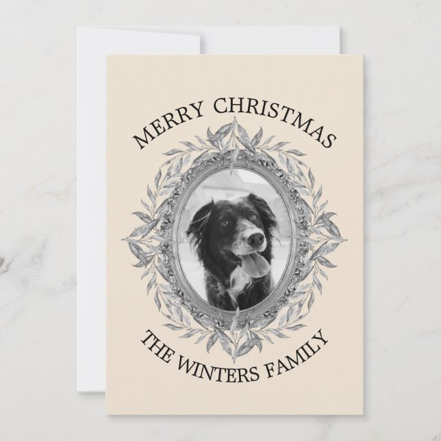 Merry Christmas Holiday Silver Leaves Wreath Photo Card (Front)