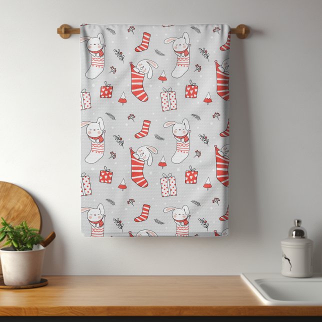 Merry Christmas Holiday Stocking Cats and Rabbits Tea Towel (Creator Uploaded)
