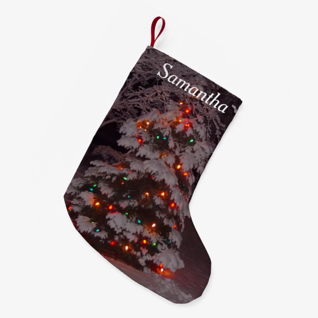 Merry Christmas Holiday Tree Lights in Snow Small Christmas Stocking (Front (Hanging))