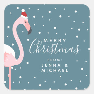 Merry Christmas   Holiday Tropical Flamingo Square Sticker