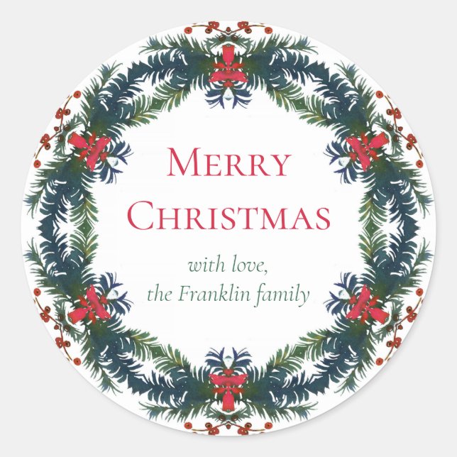 Merry Christmas Holiday Wreath Classic Round Sticker (Front)