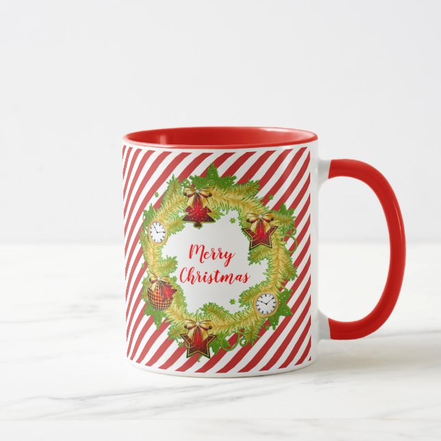 Merry Christmas Holiday Wreath Red Stripes Mug (Right)