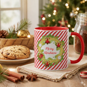 Merry Christmas Holiday Wreath Red Stripes Mug