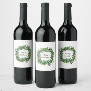 Merry Christmas Holiday Wreath Wine Label