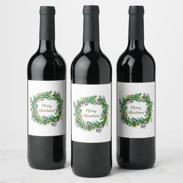 Merry Christmas Holiday Wreath Wine Label (Bottles)