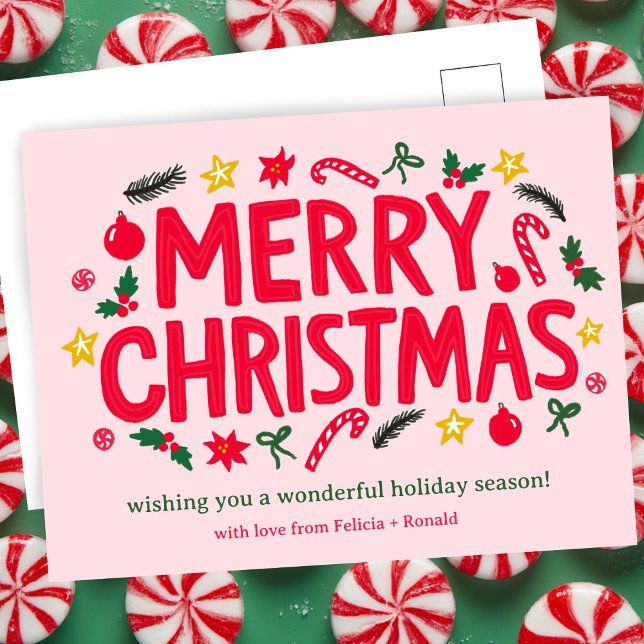 MERRY CHRISTMAS Holiday Xmas CUSTOM Postcard (MERRY CHRISTMAS Holiday Xmas Cute Doodles Whimsical CUSTOM Pink Postcard
)
