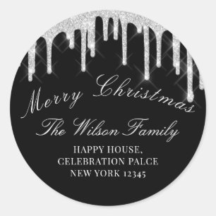 Merry Christmas Holidays RSVP Black Gray Silver Classic Round Sticker