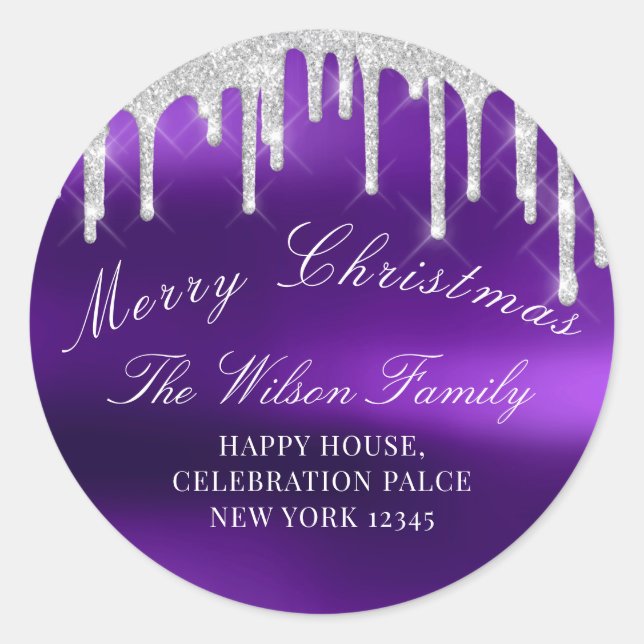 Merry Christmas Holidays RSVP Purple Classy Silver Classic Round Sticker (Front)