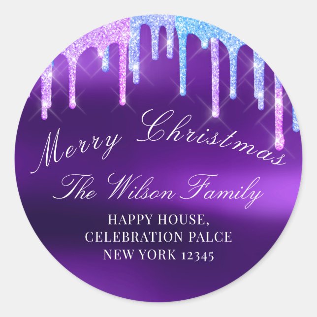 Merry Christmas Holidays RSVP Purple Pink Blue Classic Round Sticker (Front)