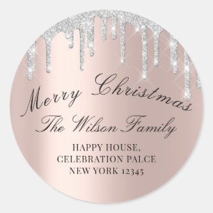 Merry Christmas Holidays RSVP Rose Gray Silver Classic Round Sticker