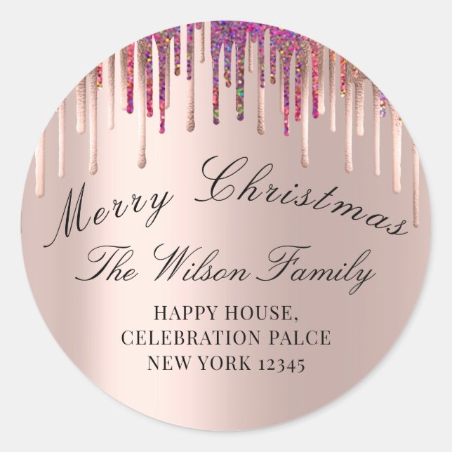 Merry Christmas Holidays RSVP Rose Holographic Classic Round Sticker (Front)