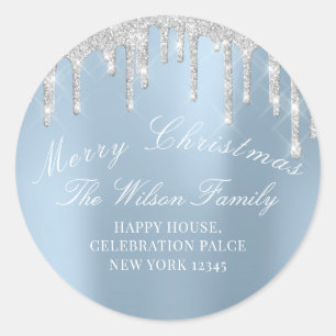 Merry Christmas Holidays RSVP Silver Smoky Blue Classic Round Sticker