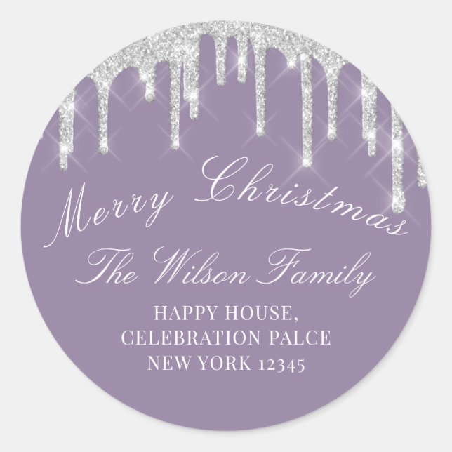 Merry Christmas Holidays RSVP Smoky Purple Silver Classic Round Sticker (Front)