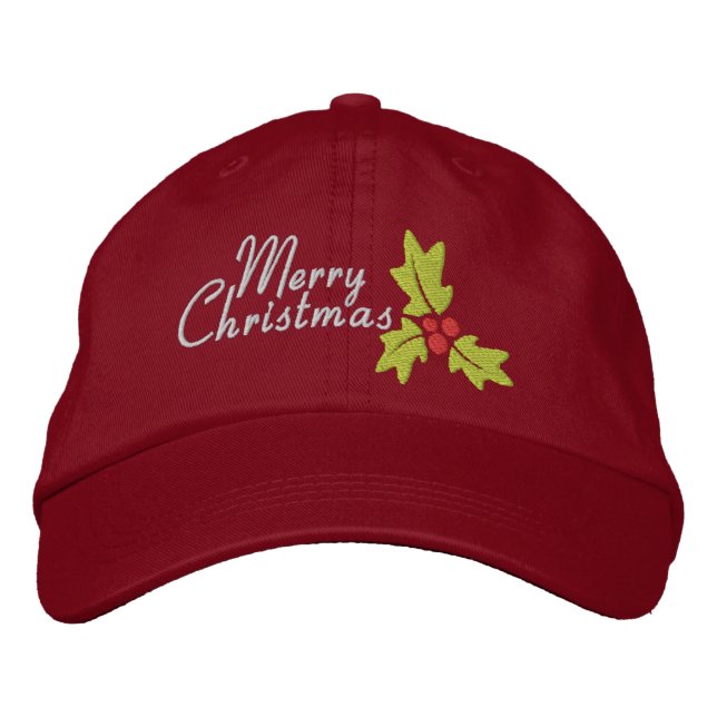 Merry Christmas Holly And Berries Embroidered Hat (Front)