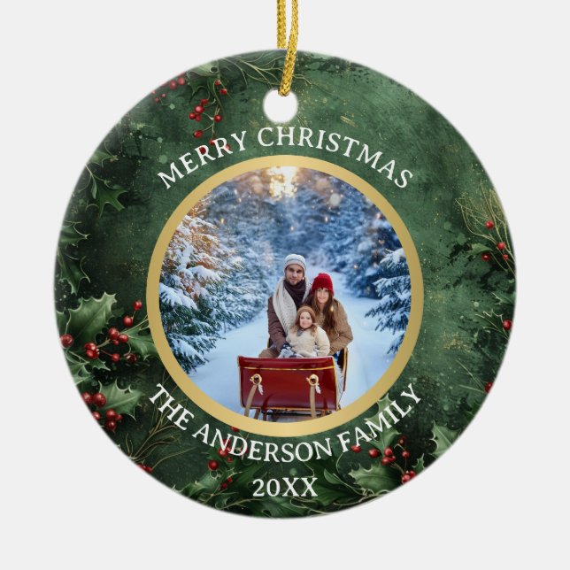 Merry Christmas Holly and Berries Family Ceramic  Ceramic Tree Decoration (Front)