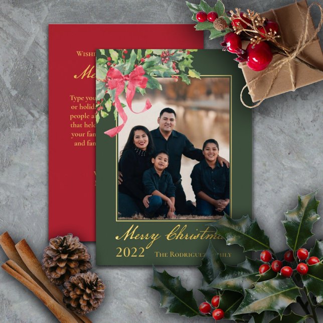 Merry Christmas Holly and Berry Greenery Photo Foil Holiday Card (Creator Uploaded)