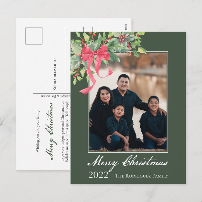 Merry Christmas Holly and Berry Greenery Photo Hol Holiday Postcard (Front/Back)