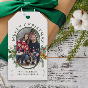 Merry Christmas Holly and Pine Family Photo Gift Tags
