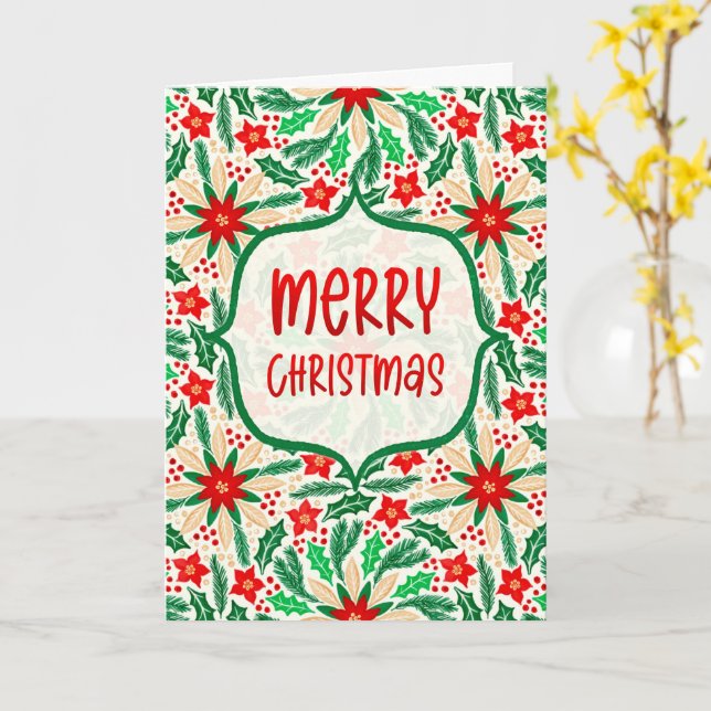 Merry Christmas Holly and Poinsettia Botanical Card (Yellow Flower)