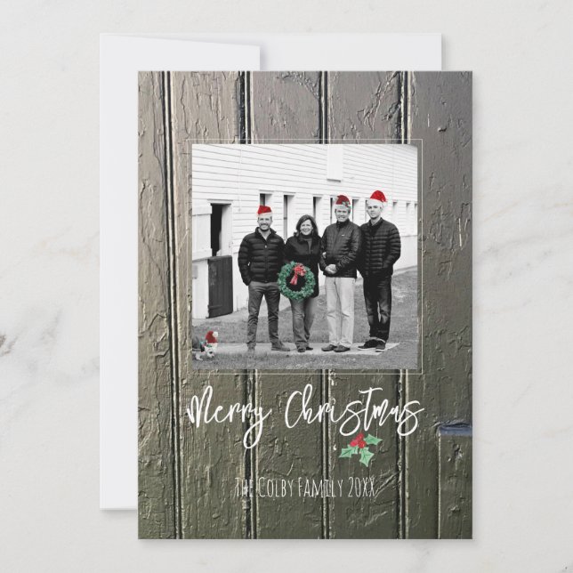 Merry Christmas Holly Barn Door Family Photo Name Holiday Card (Front)