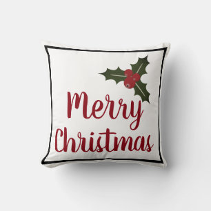 Merry Christmas Holly Berries and Leaves Cushion