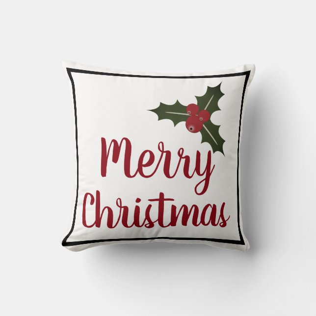 Merry Christmas Holly Berries and Leaves Cushion (Front)