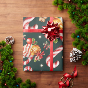 Merry Christmas Holly Berries Candy Cane Red Bow Wrapping Paper