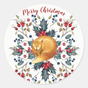 Merry christmas holly berries fox sticker label