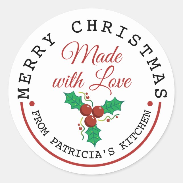 Merry Christmas Holly Berries Made With Love Classic Round Sticker (Front)