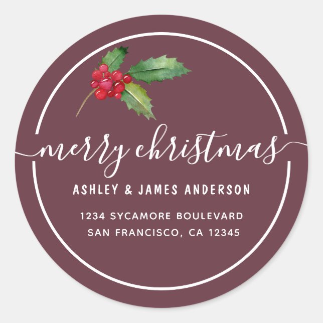 Merry Christmas Holly Berries New Address Classic Round Sticker (Front)