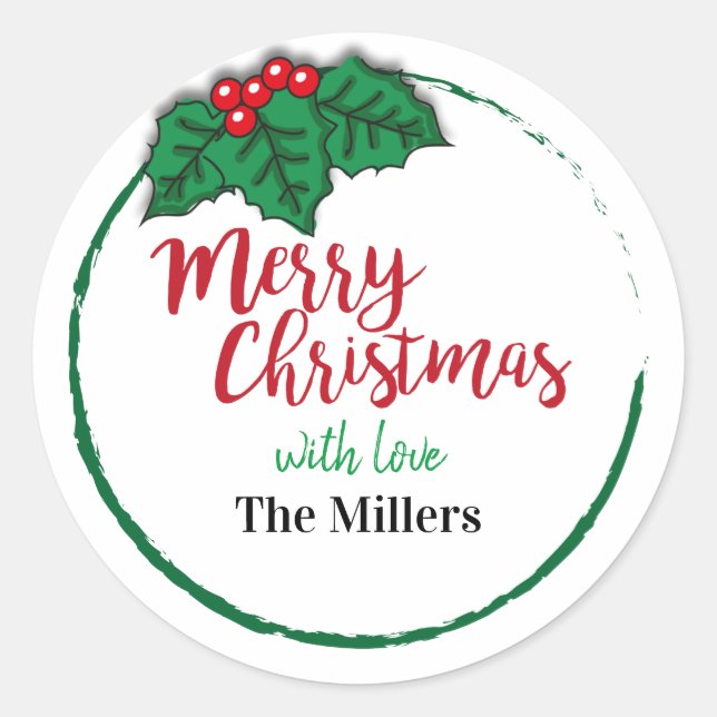 Merry Christmas Holly Berries Personalised  Classic Round Sticker (Front)