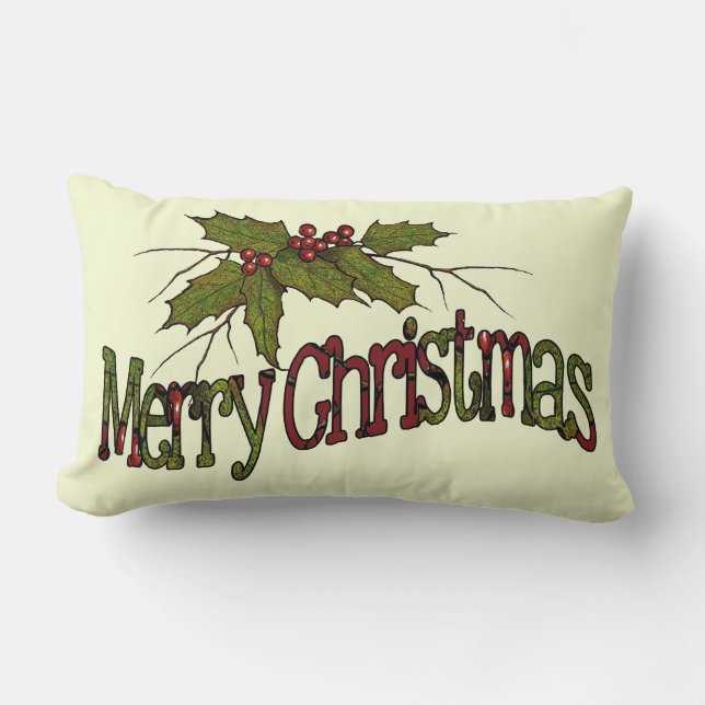 Merry Christmas, Holly, Berries, Twigs: Art Lumbar Cushion (Front)