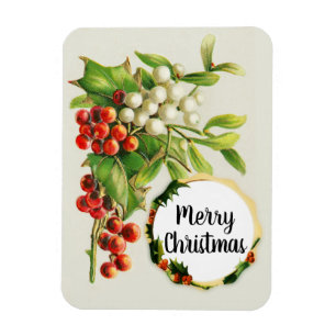 Merry Christmas Holly Berries Vintage Gift Magnet