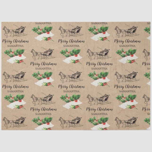 Merry Christmas Holly Berries Winter Kraft Brown  Tissue Paper (Front)