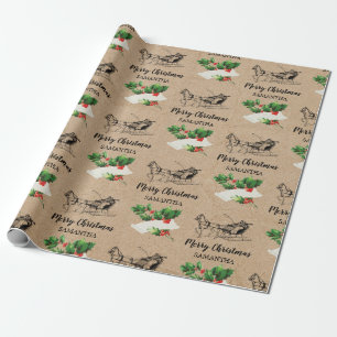 Merry Christmas Holly Berries Winter Kraft Brown  Wrapping Paper