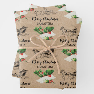 Merry Christmas Holly Berries Winter Kraft Brown Wrapping Paper Sheet