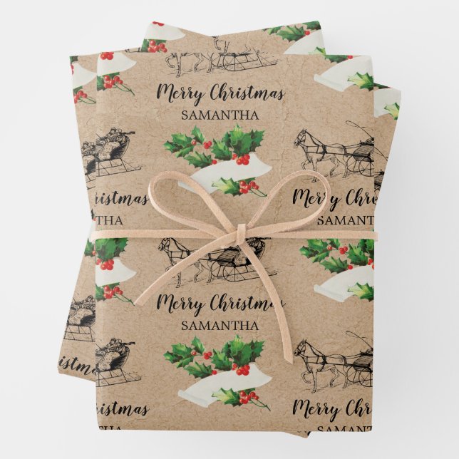 Merry Christmas Holly Berries Winter Kraft Brown  Wrapping Paper Sheet (In situ)