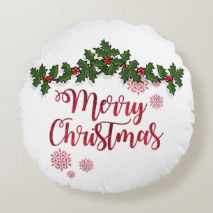Merry Christmas,Holly Berry Branches -Personalised Round Cushion