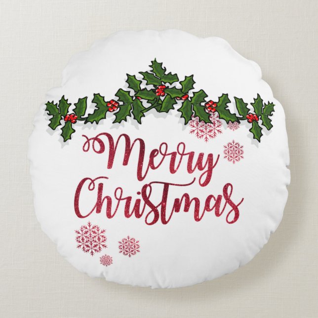 Merry Christmas,Holly Berry Branches -Personalised Round Cushion (Front)