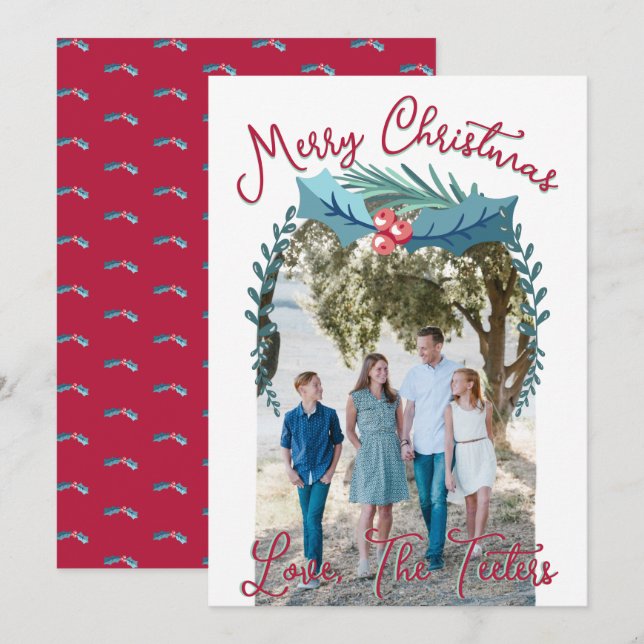 Merry Christmas Holly Berry Custom Photo Arch Holiday Card (Front/Back)