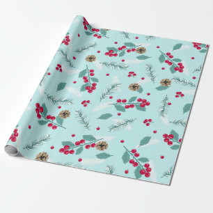 Merry Christmas Holly Berry Fir Branches Blue Red  Wrapping Paper