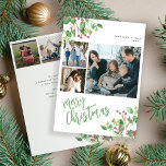 Merry Christmas holly berry foliage multi photo  Holiday Card<br><div class="desc">Modern stylish Merry Christmas green handwritten calligraphy script 6 family photo collage simple white elegant family holiday card with your custom personalised text on both sides featuring watercolor botanical greenery foliage and holy berries.</div>