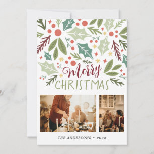 Merry Christmas Holly Berry Foliage Two Photo Holiday Card