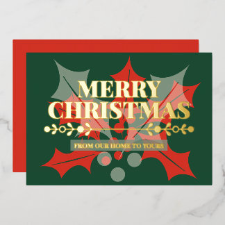 Merry Christmas Holly Berry Gold Foil Holiday Card