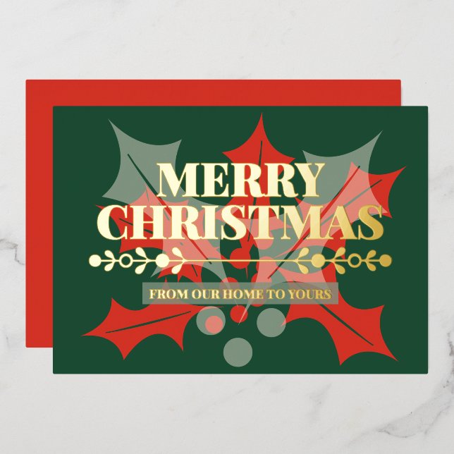 Merry Christmas Holly Berry Gold Foil Holiday Card (Front/Back)