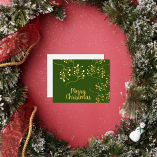 Merry Christmas Holly Berry Gold Pressed Green Foil Holiday Postcard