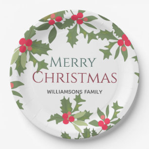 Merry Christmas holly berry holiday Paper Plate