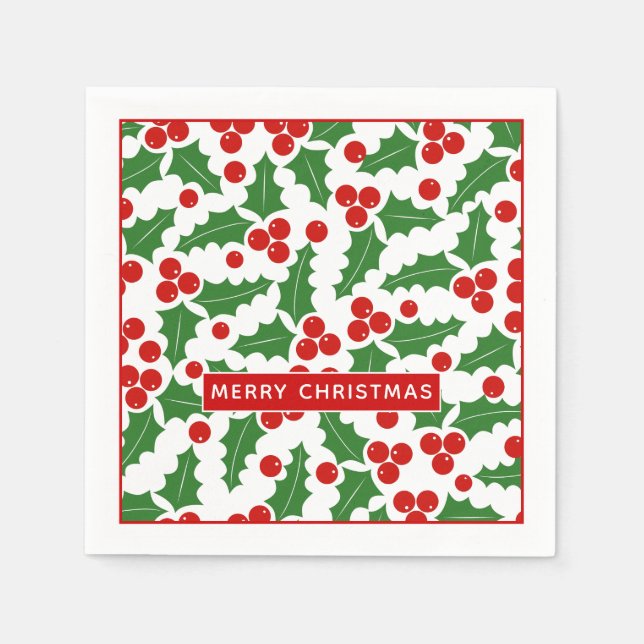 Merry Christmas holly berry pattern red and green Napkin (Front)