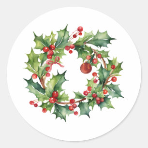 Merry Christmas Holly Berry Wreath  Classic Round Sticker